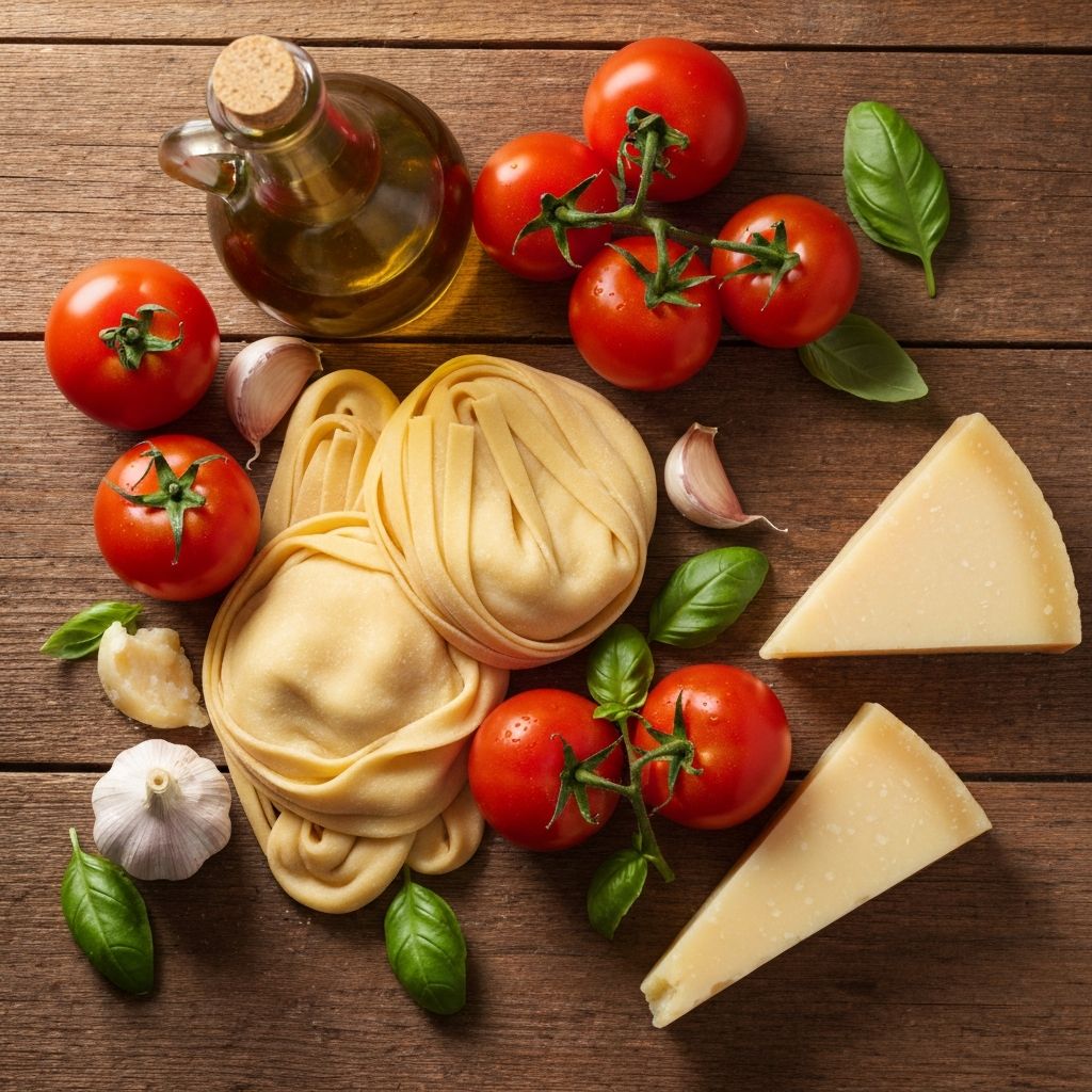 Fresh Italian pasta ingredients including tomatoes, basil, garlic, and olive oil
