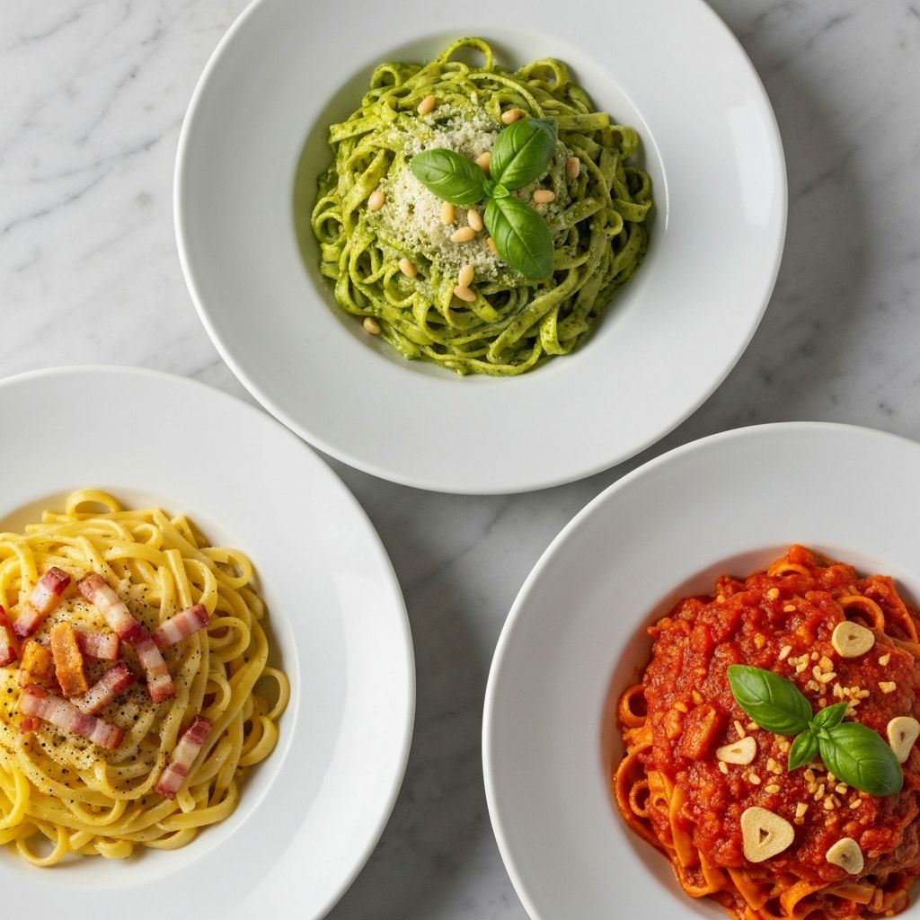 Three beautifully plated Italian pasta dishes — carbonara, pesto tagliatelle, and arrabbiata
